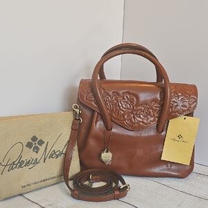 NWT Patricia Nash Notely Leather Satchel Embossed Floral Bouquet w/Heart Charm